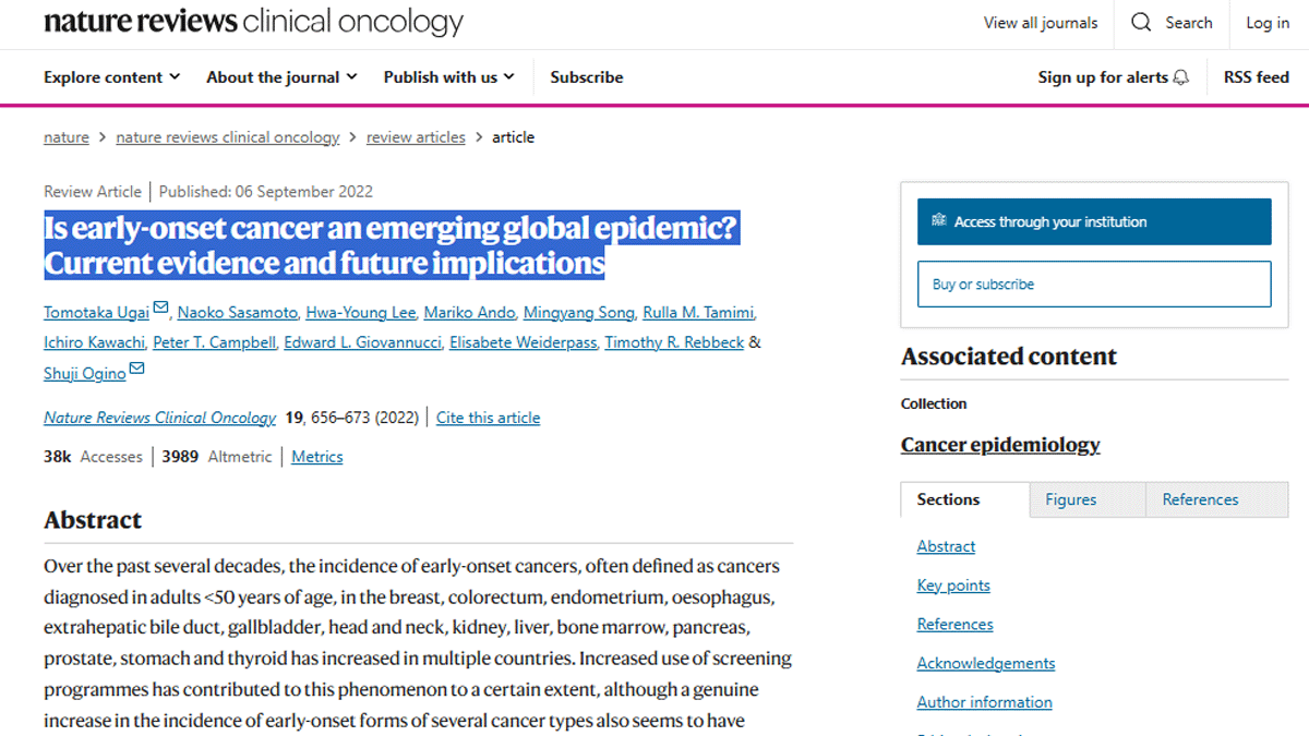 Un artículo científico publica el aumento notable de casos de enfermos de cáncer en menores de 50 años. (foto: Nature Reviews)