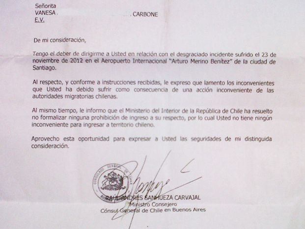 La carta del consulado chileno pidiéndole disculpas.