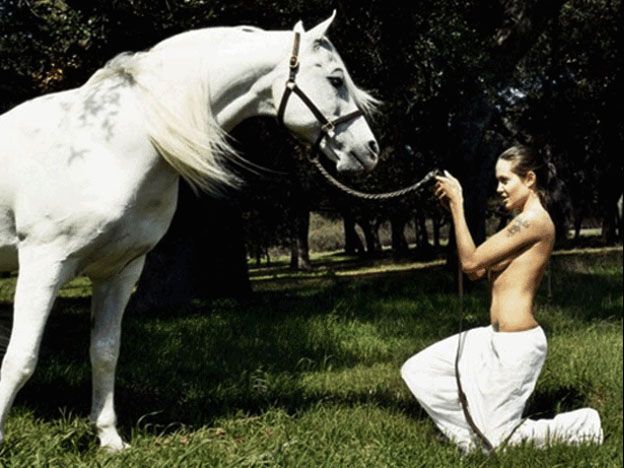 Las fotos de Angelina Jolie junto a un caballo haciendo topless, son muy caras.