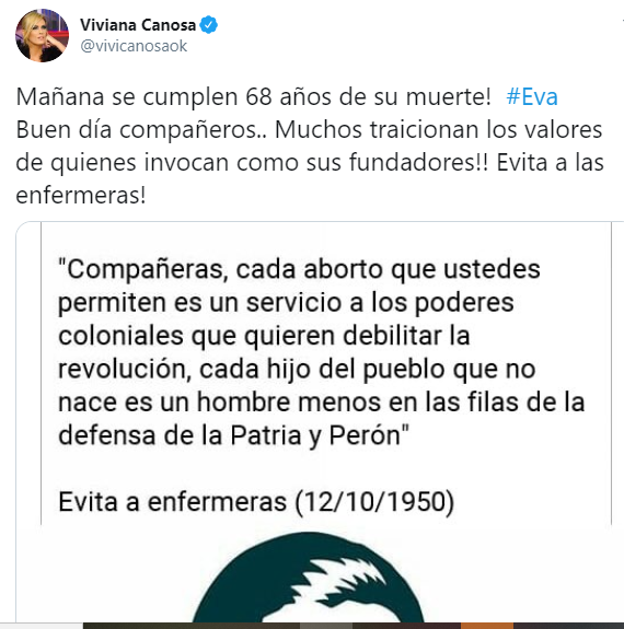 Viviana Canosa citó frases de Eva Perón para manifestarse en contra de la  legalización del aborto