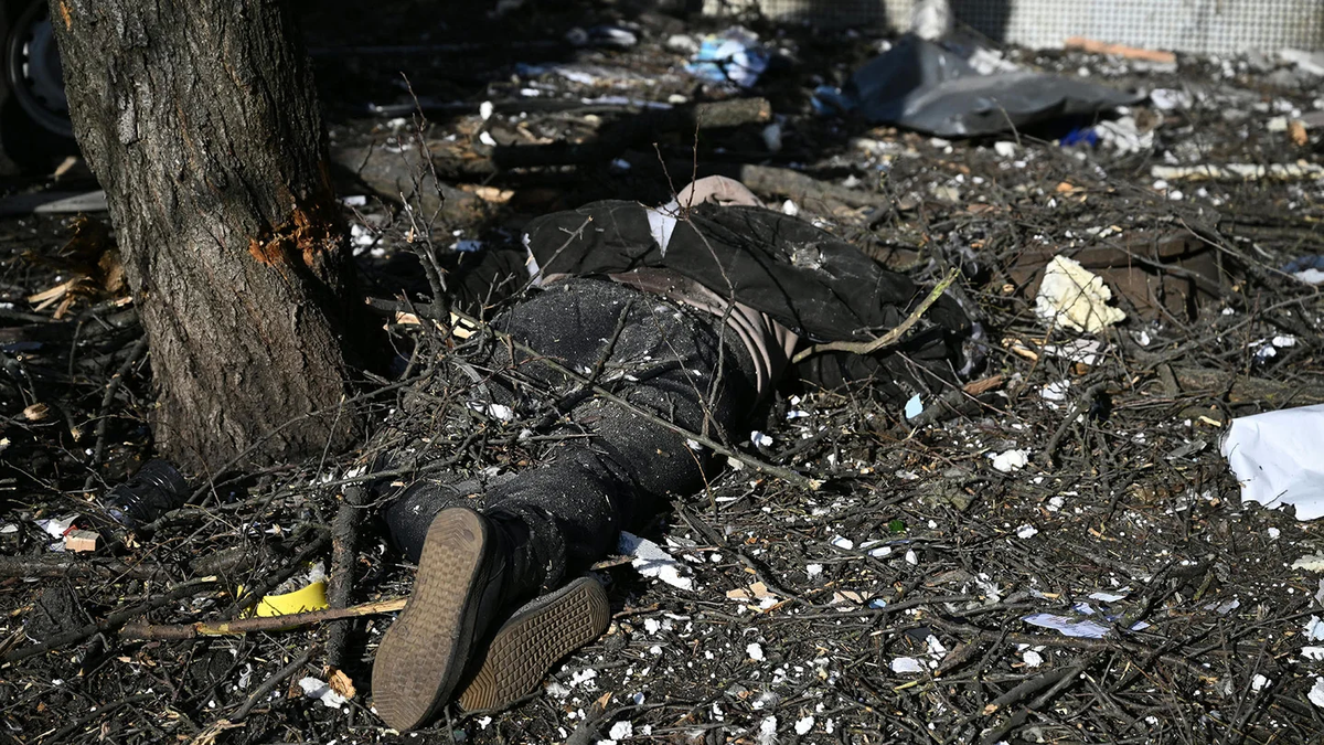 Fuente: AFP El cuerpo de una víctima después de los bombardeos sobre la ciudad de Chuguiv, en el este de Ucrania, 