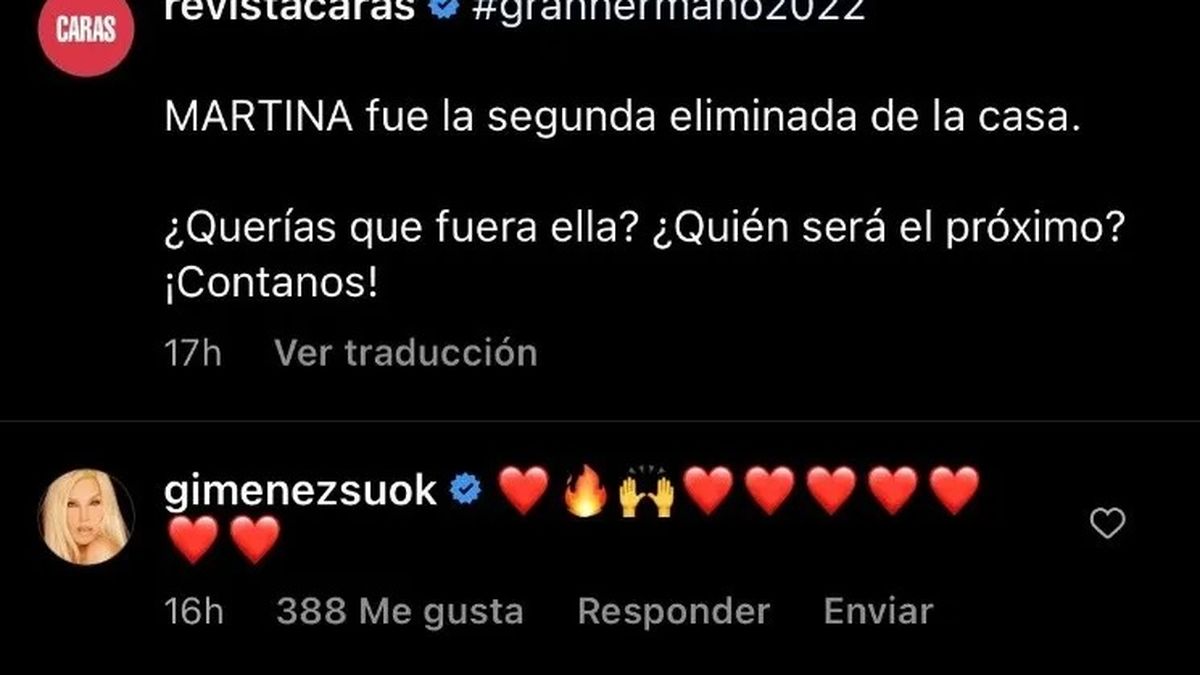 La reacci&oacute;n de Susana Gim&eacute;nez ante la eliminaci&oacute;n de Martina del reality Gran Hermano 2022.&nbsp;