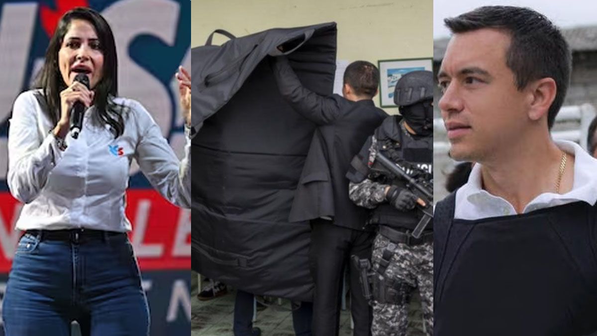 Luisa González del correísmo y el empresario Noboa definirán en un ballotage en Ecuador. El reemplazante de Villavicencio votó protegido por una gran lona antibalas (foto: A224.com)