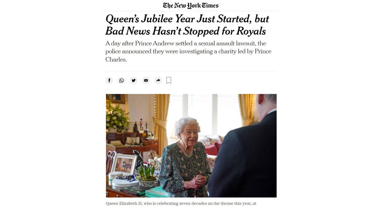 Los dolores de cabeza que le dan sus hijos a la reina Isabel II, en la prensa de los Estados Unidos (Foto: NYT)