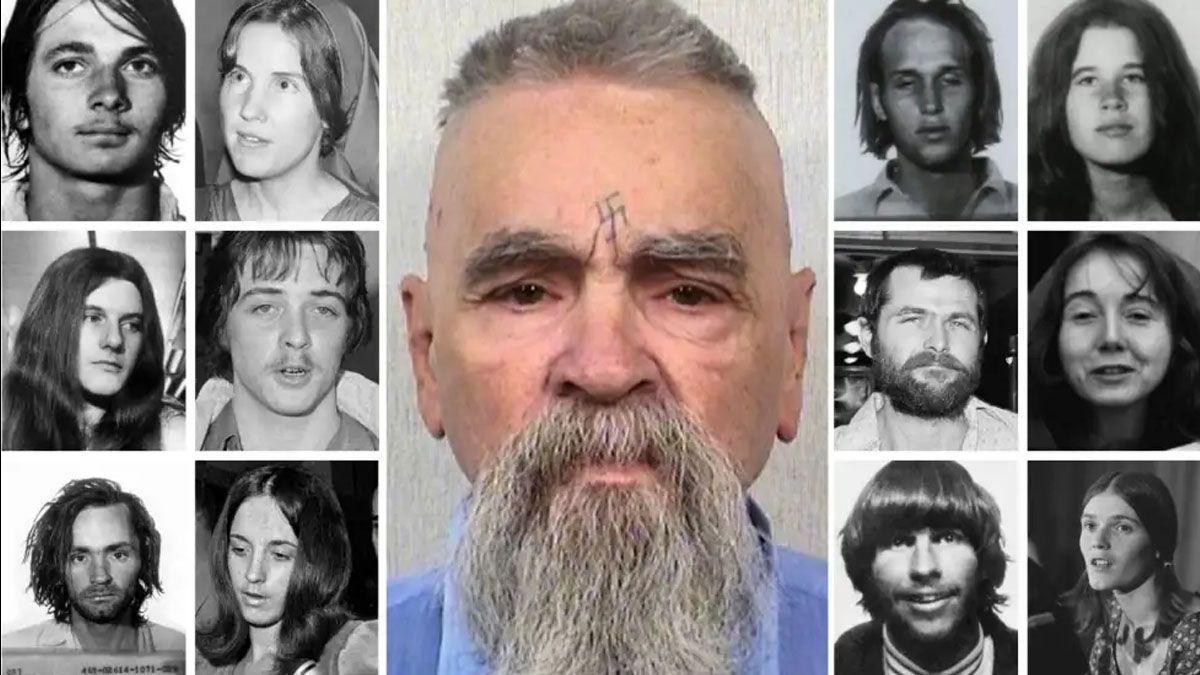 Charles Manson en el centro, a pocos meses se morir en prisión y los integrantes del clan. En el centro a la izquierda, de nuevo Manson ,pero joven. (Foto: Gentileza El Universal)