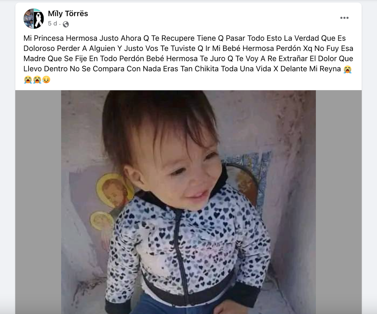La mamá de Milena, principal sospechosa de asesinar a la beba de 2 años en Merlo, le escribió una carta en Facebook: "Estamos destruidos"