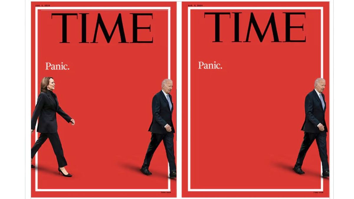 Las dos tapas de la revista TIME. La debacle y el p&aacute;nico tras el debate con un Biden y&eacute;ndose. Harris, llegando para ocupar su lugar (Foto: TIME).