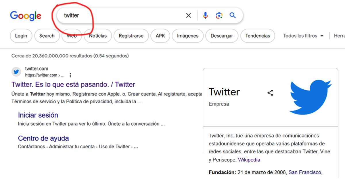 "Twitter" sigue siendo útil para llegar a la red social en la Web, aunque Wikipedia ya dice "fue una empresa...) (Foto: Captura de pantalla)