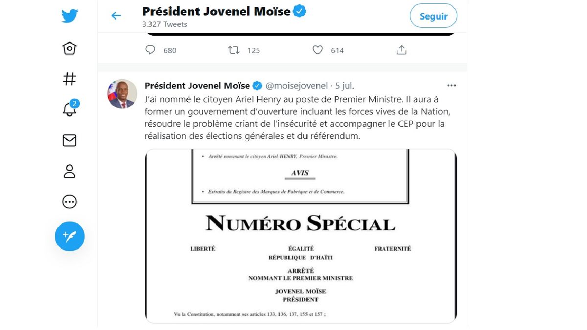 Uno de sus últimas decisiones: el nombramiento de un nuevo primer ministro para convocar a elecciones (Foto: Cuenta de Twitter de Jovenel Moise)