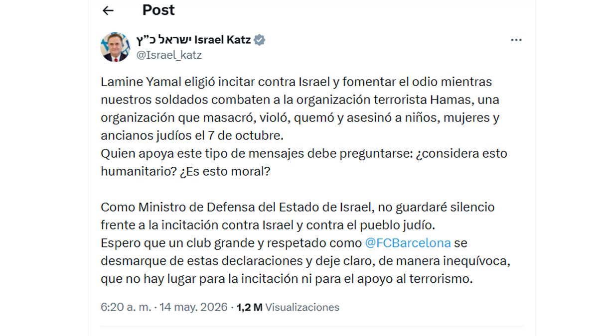 La dura crítica del ministro de defensa de Israel a LAmine Yamal por llevar la bandera palestina en los festejos del Barcelona. (Foto: Cuenta de KATZ)