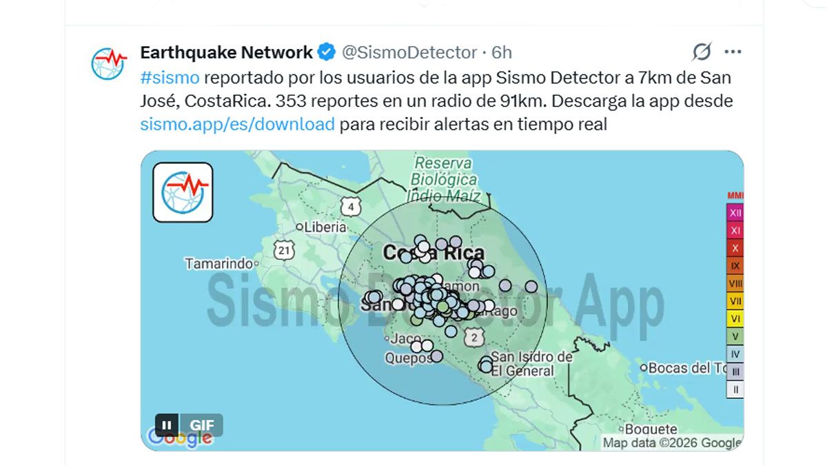 El informe que confirmó los dos sismos que se produjeron en Corta Rica, cerca de la ciudad de San José, la capital del país. (foto: Cuenta de X de Earthquake Network)
