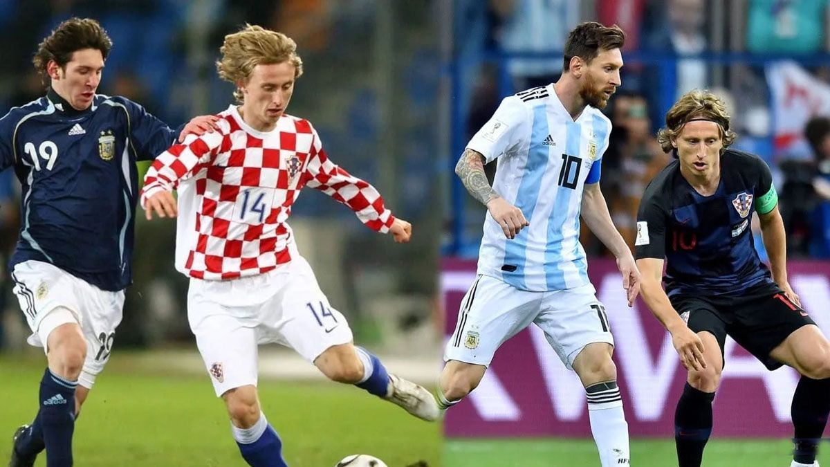 Messi y Modric frente a frente. Por primera vez en 2006. La última vez fue en Rusia 2018. Vuelven a verse en Qatar 2022. El ganador juega la final del mundial (Foto: Archivo)