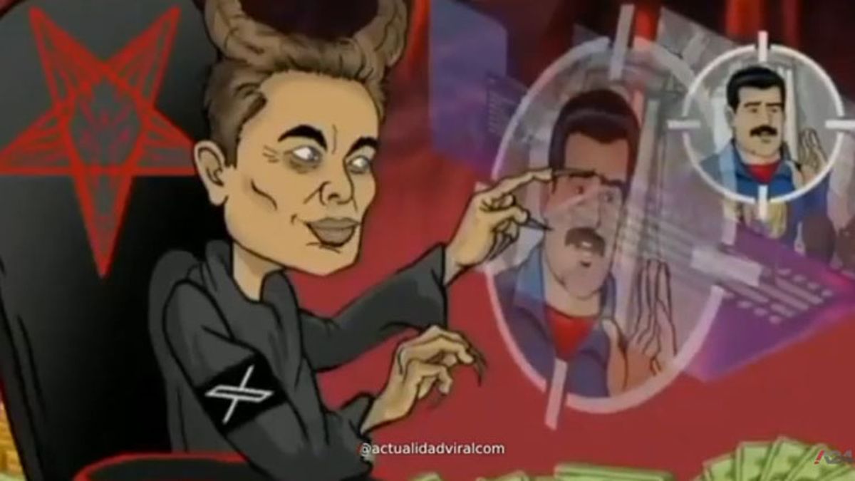Elon Musk, caracterizado como un diablo fascista. (Foto: Captura de TV)