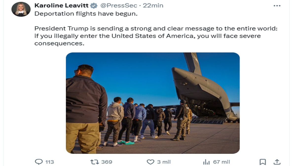La expulsión y deportación en EE.UU.de los inmigrantes ilegales ya comenzó.. (Foto: Cuenta de X de la vocera de Estados Unidos)