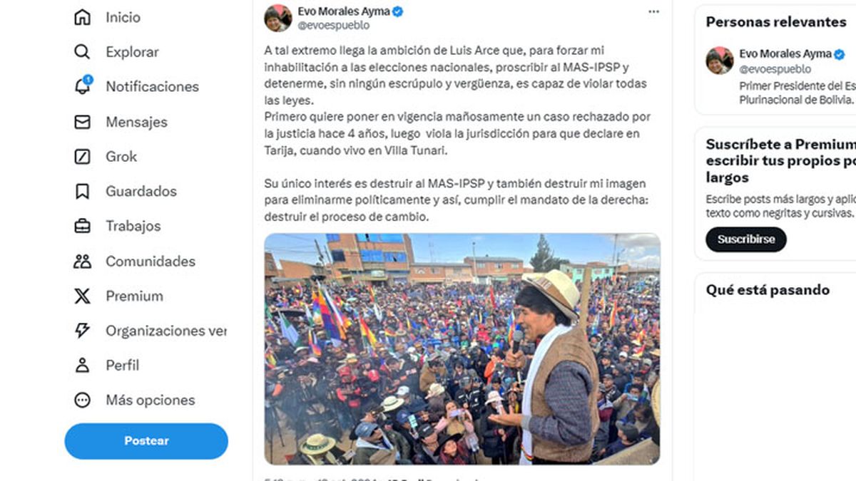 Evo Morales acusa al Gobierno y a la Justicia que querer sacarlo de la contienda electoral con una acusaci&oacute;n (Foto: cuenta de X de Evo Morales).