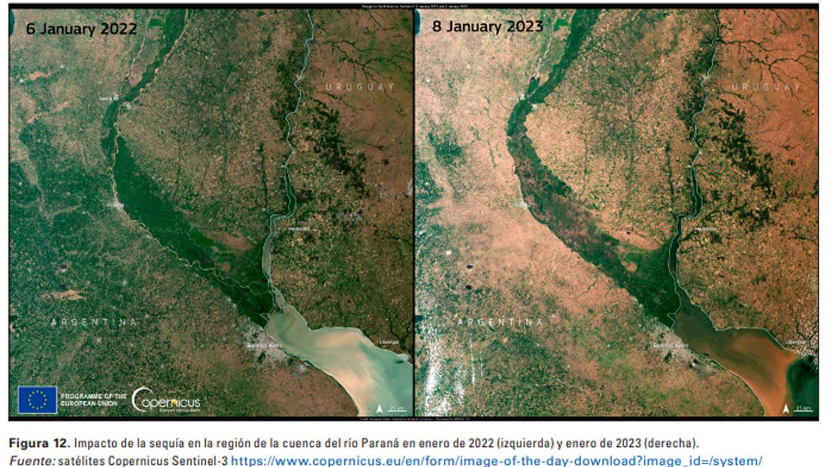 La cuenca del Paraná-Del Plata, afectada por los tres años de sequía por la corriente de la Niña. (Fuente: Copernicus)
