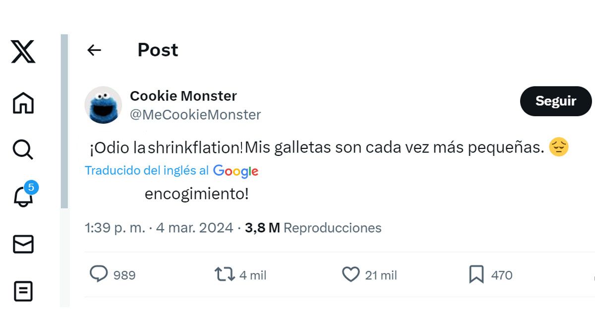 El Monstruo Comegalletas, de Plaza S&eacute;samo, y su mensaje viral en las redes por la inflaci&oacute;n. (Foto: Cuenta de X)
