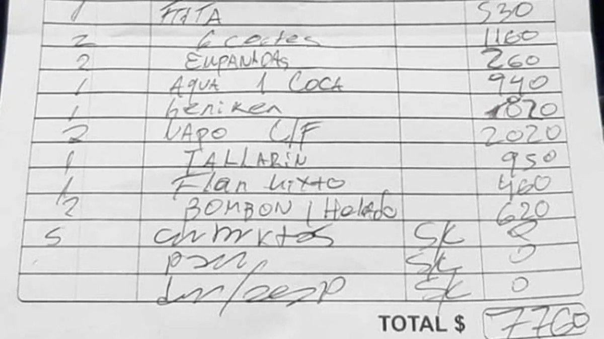La cuenta que recibieron los turistas en Córdoba.&nbsp;