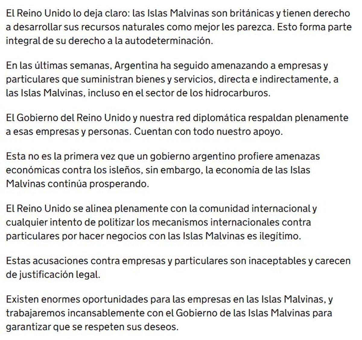 La declaración del Ministro de Territorios de Ultramar sobre las islas Malvinas. (Foto: captura de pantalla)