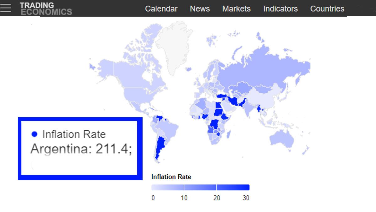 En azul, las naciones con mayor inflación en le mundo. La Argentina, entre ellas. (Foto: Gentileza Tradingeconomics)