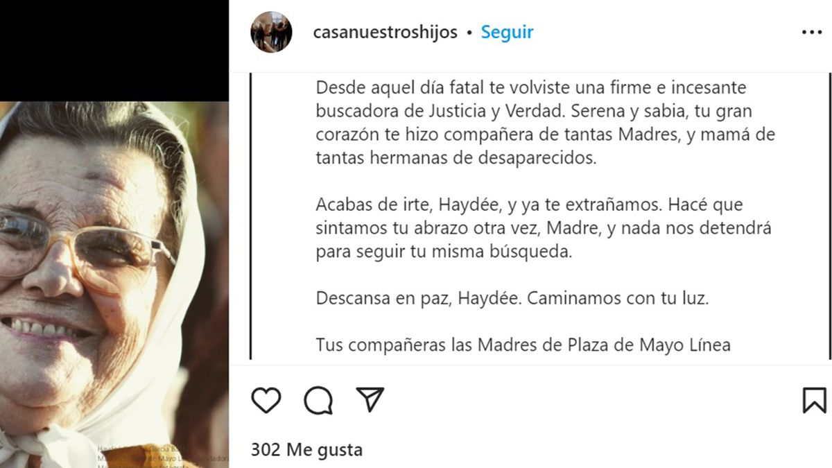El mensaje de la organizaci&oacute;n Madres de Plaza de Mayo L&iacute;nea Fundadora por la muerte de Hayd&eacute;&eacute; Gastel&uacute;. (Foto: Instagram)