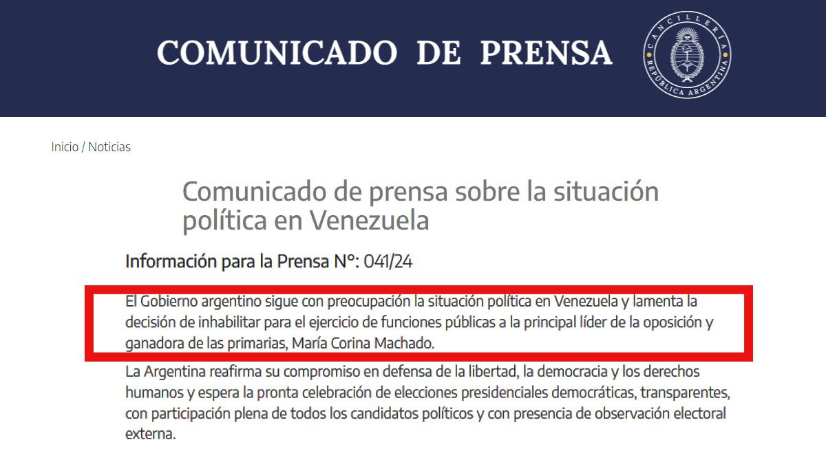 La canciller&iacute;a argentina emiti&oacute; su "preocupaci&oacute;n" por la situaci&oacute;n de la opositora Mar&iacute;a Corina Machado en Venezuela (Foto: Canciller&iacute;a Argentina).