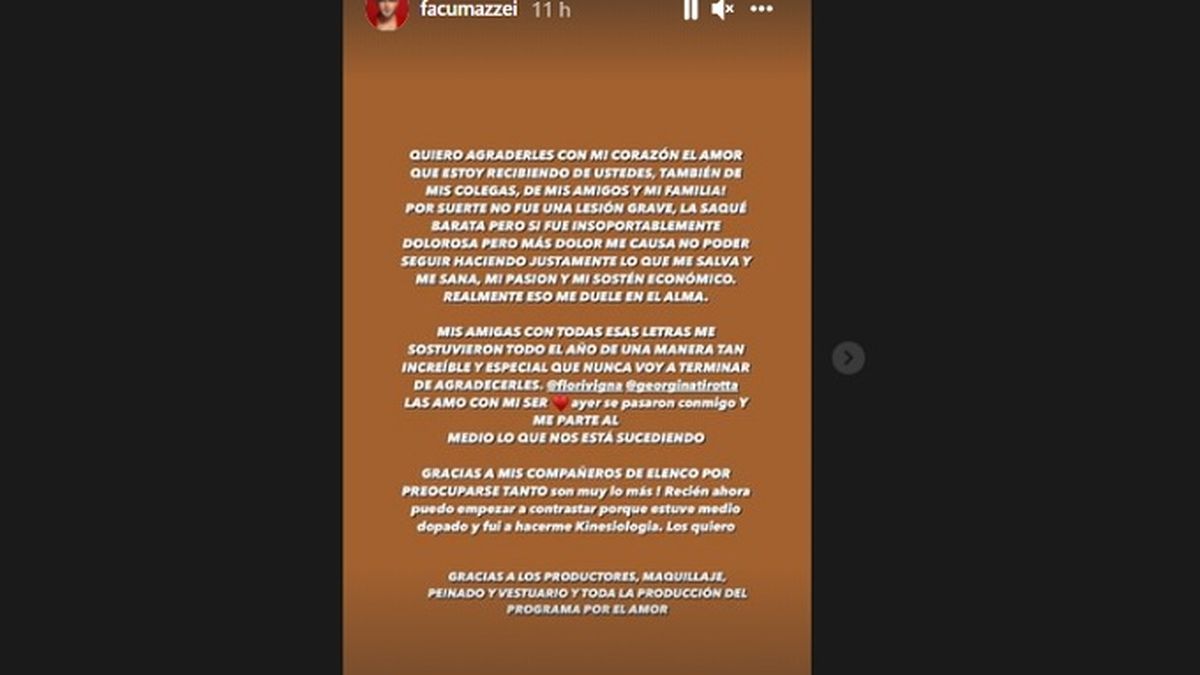 El posteo de Facundo Mazzei tras el accidente en la pista de ShowMatch en el que se dislocó un hombro, por lo que no pudo terminar su coreografía en la emisión de este viernes.