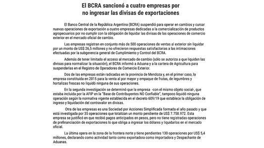El Banco Central sancionó a 4 exportadoras del agro por no ingresar divisas