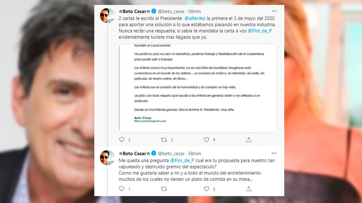 En Twitter. El mensaje de Beto César para Florencia Peña.
