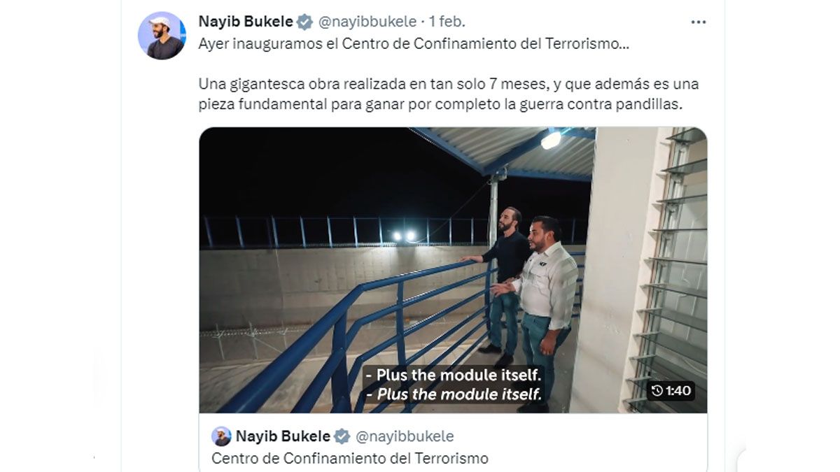 El presidente salvadoreño, Nayib Bukele, presentó en su cuenta de Twitter un video con la nueva cárcel para "confinamiento de terroristas" (Foto: cuenta de Twitter de Bukele).