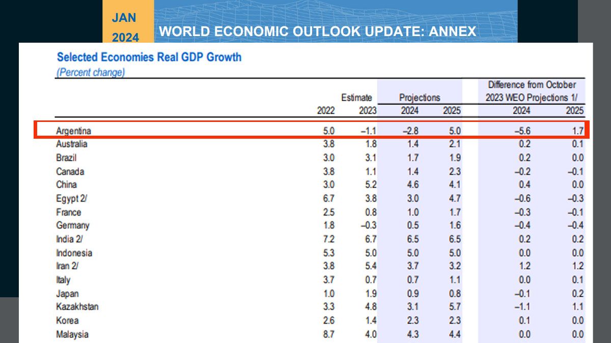 Comparado con los datos de la OCDE, el FMI prevé menor caída en 2024 (de -2,8%) y mayor recuperación en 2025. ( +5,0%). Foto: FMI/WEO)