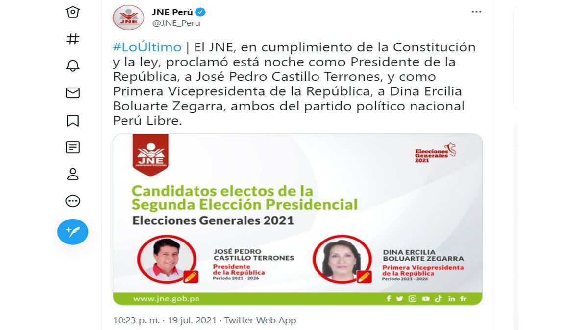 La junta Nacional electoral de Perú proclamó a Castillo como presidente de Perú (Foto: Twitter de la JNE)