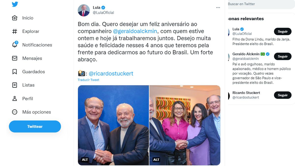 Lula saludó por su cumpleaños a su vice, Geraldo Alckmin, figura del centro político, clave para gobernar en Brasil (Foto: Cuenta oficial de Twitter de Lula) 