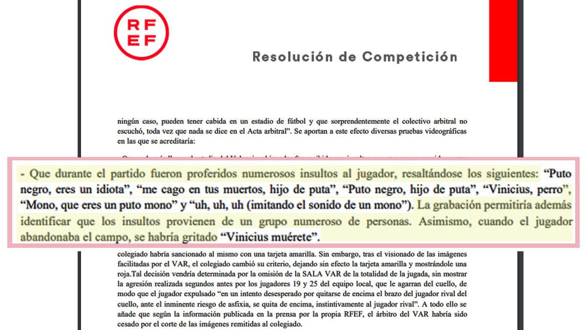 Antes de anunciar la sanci&oacute;n dura contra el Valencia, el comit&eacute; de Competici&oacute;n enumer&oacute; todos los graves insultos racistas, xen&oacute;fobos y las amenazas que recibi&oacute; Vinicius Jr. (Foto: Comit&eacute; de Competici&oacute;n RFEF) &nbsp;