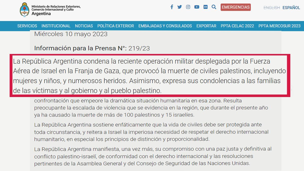 La cancillería argentina y el comunicado en que condena a Israel. (Foto: Cancillería Argentina)