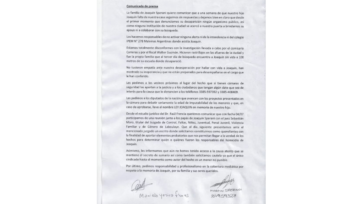 El comunicado de prensa de los padres de Joaquín Sperani, el adolescente que asesinaron en Córdoba (Foto: Facebook/ FM Panamericana)