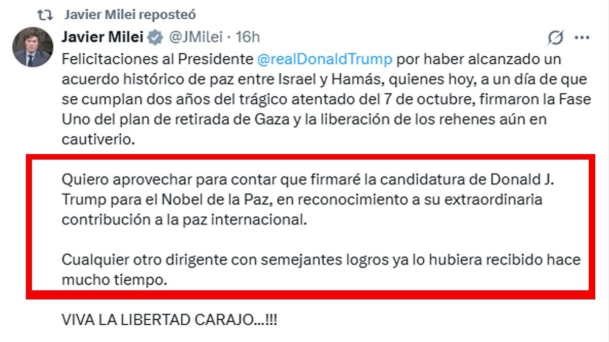 Milei adelantó que votará por Trump para que reciba este año el premio Nobel de la Paz. (Foto: Cuenta de X de Milei)  