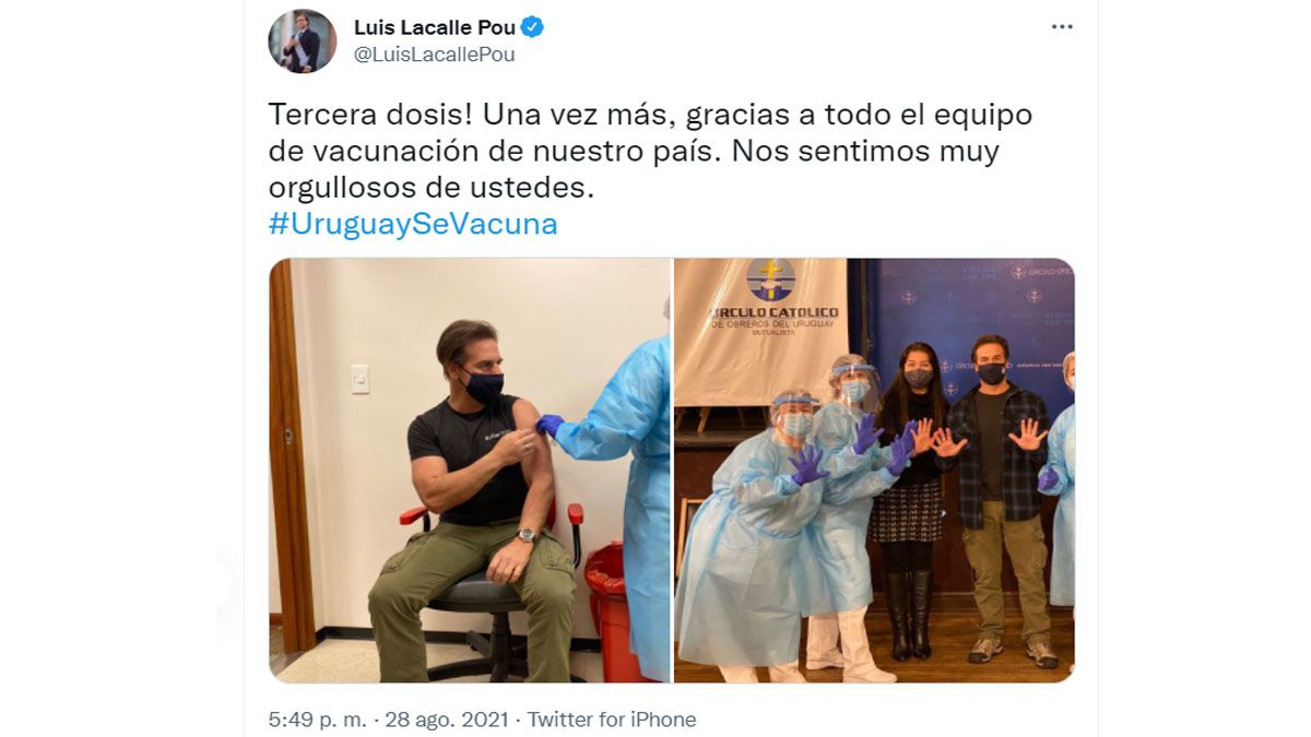 El Presidente Luis Lacalle Pou ya recibió una tercera dosis. Uruguay ya está en el 72% de la población con la vacunación completa (Foto: Cuenta de Twitter de Luis Lacalle Pou)