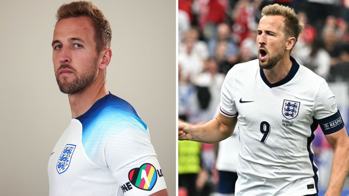 Harry Kane, capit&aacute;n de inglaterra con el brazalete de la comunidad LGBTIQ+ (izquierdo) y el que usa en el Eurocopa (derecha). (Foto: A24.com)