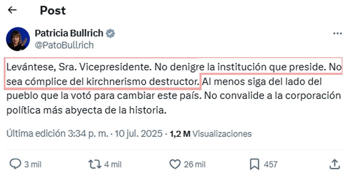 Patricia Bullrich y su ataque personal a Victoria Villarruel. (Foto: Cuenta de X de Bullrich)
