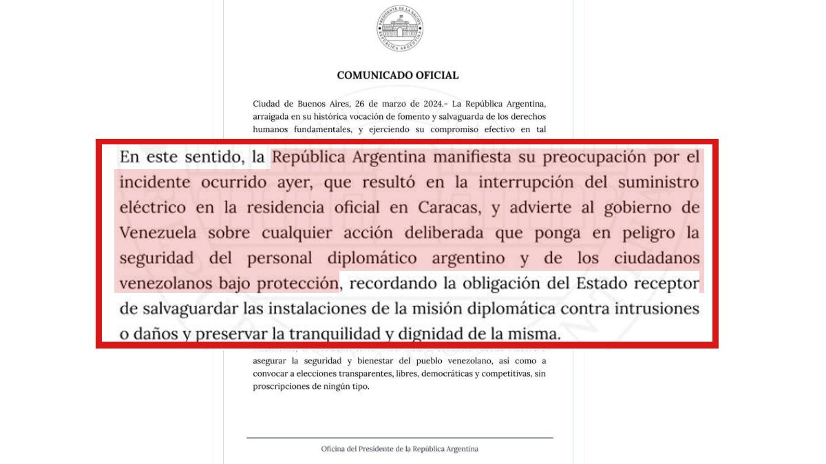 El gobierno argentino alert&oacute; al gobierno de Maduro porque la embajada sufri&oacute; un imprevisto corte de su energ&iacute;a el&eacute;ctrica (Foto: Presidencia).