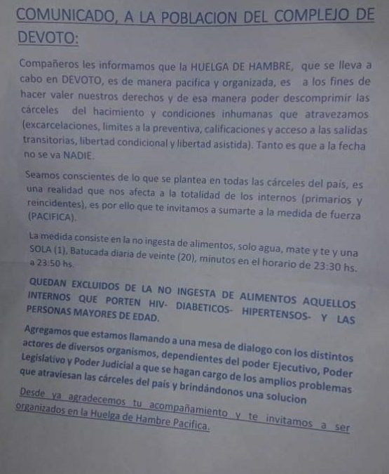 Como De Vido, los presos de Devoto también hacen huelga de hambre en reclamo de excarcelaciones para descomprimir el penal