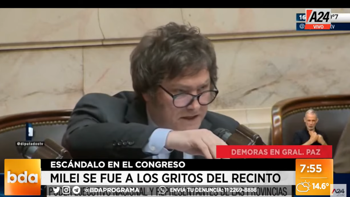Javier Milei explotó luego de que lo tildaran de ñoqui en la Cámara de Diputados (Foto: captura de TV A24).