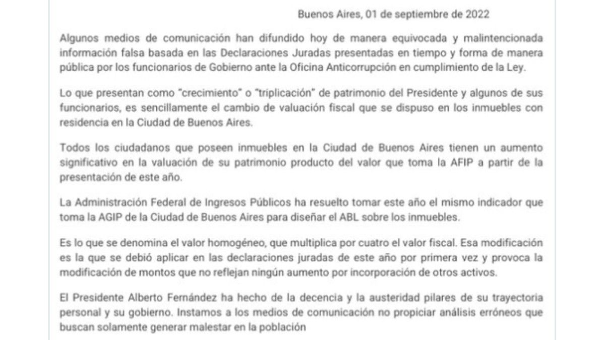 El comunicado del Gobierno sobre el patrimonio de los funcionarios. 
