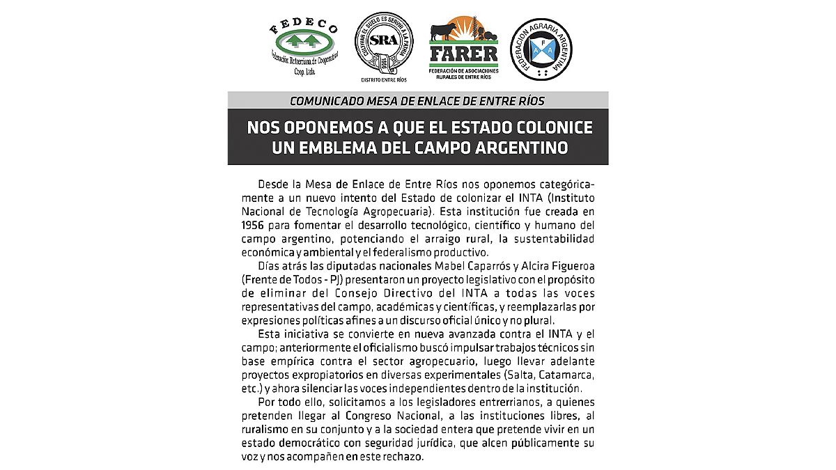 Las entidades del campo perderían sus representantes en el INTA, de avanzar el proyecto del Frente de Todos. 