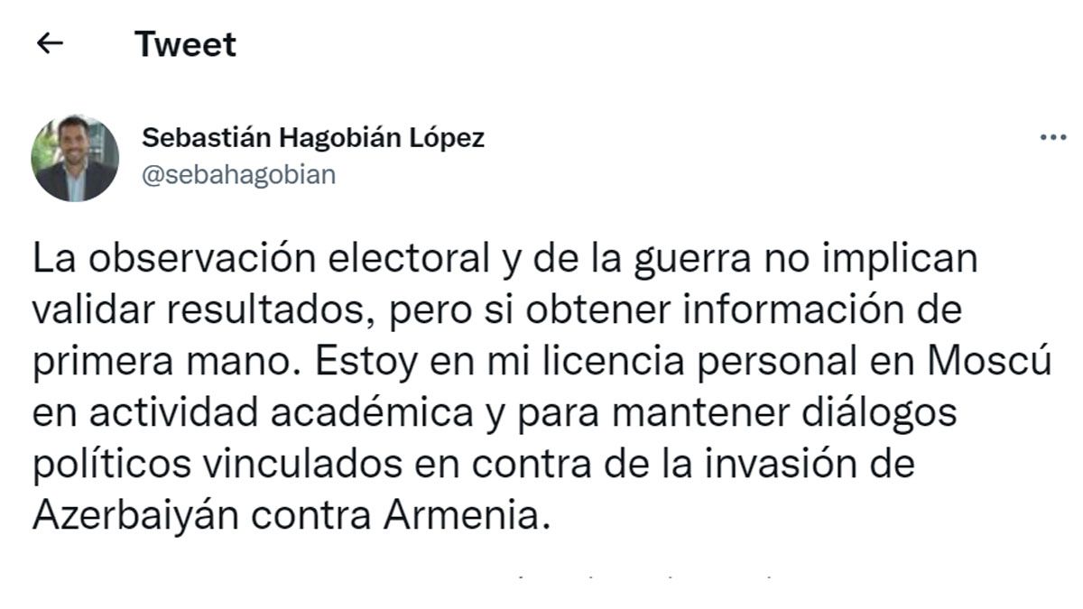 El dirigente del Frente Amplio tuvo que aclarar que actuó de manera individual, ni por su partido ni en nombre de Uruguay (Foto: Cuneta de Twitter de Sebastián Hagobian)