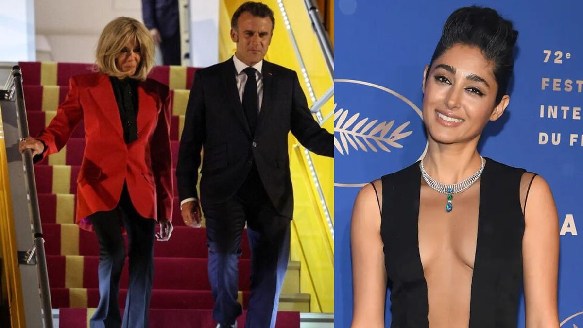 Macron y su mujer como si nada hubiese pasado tras el cachetazo en Vietnam. A la derecha, la actriz Golshifteh Farahani.¿Tercera en discordia? (Foto: A24.com)
