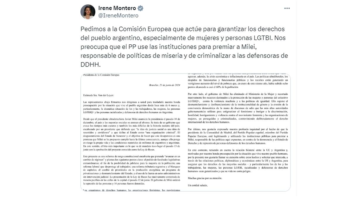 Irene Montero, diputada española, presento una crítica contra el presidente Milei ante el parlamento europeo. (Cuenta de X de Irene Montero)