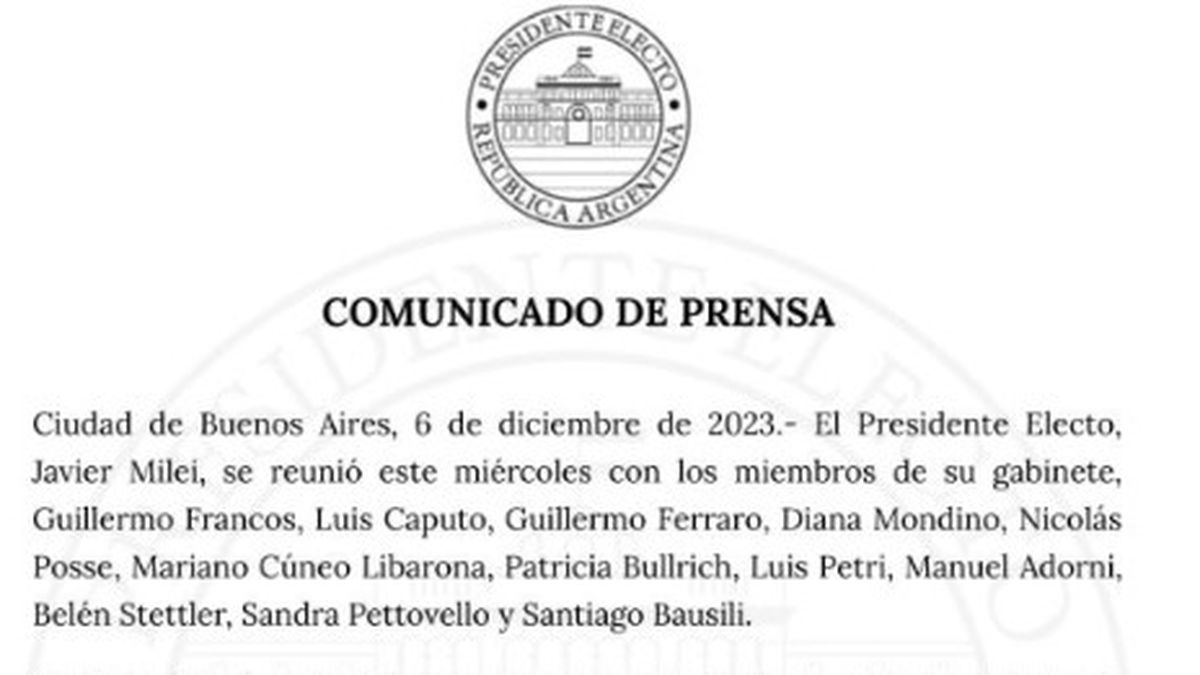 El comunicado de la Oficina del Presidente Electo confirmó la designación de Bausilli como presidente del Banco Central (Foto: 