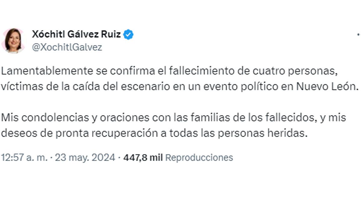 La candidata de Accion Nacional, Xochítl Gálvez, también solidario tras la tragedia en Pedro León. (Foto: cuenta de X de Gálvez)
